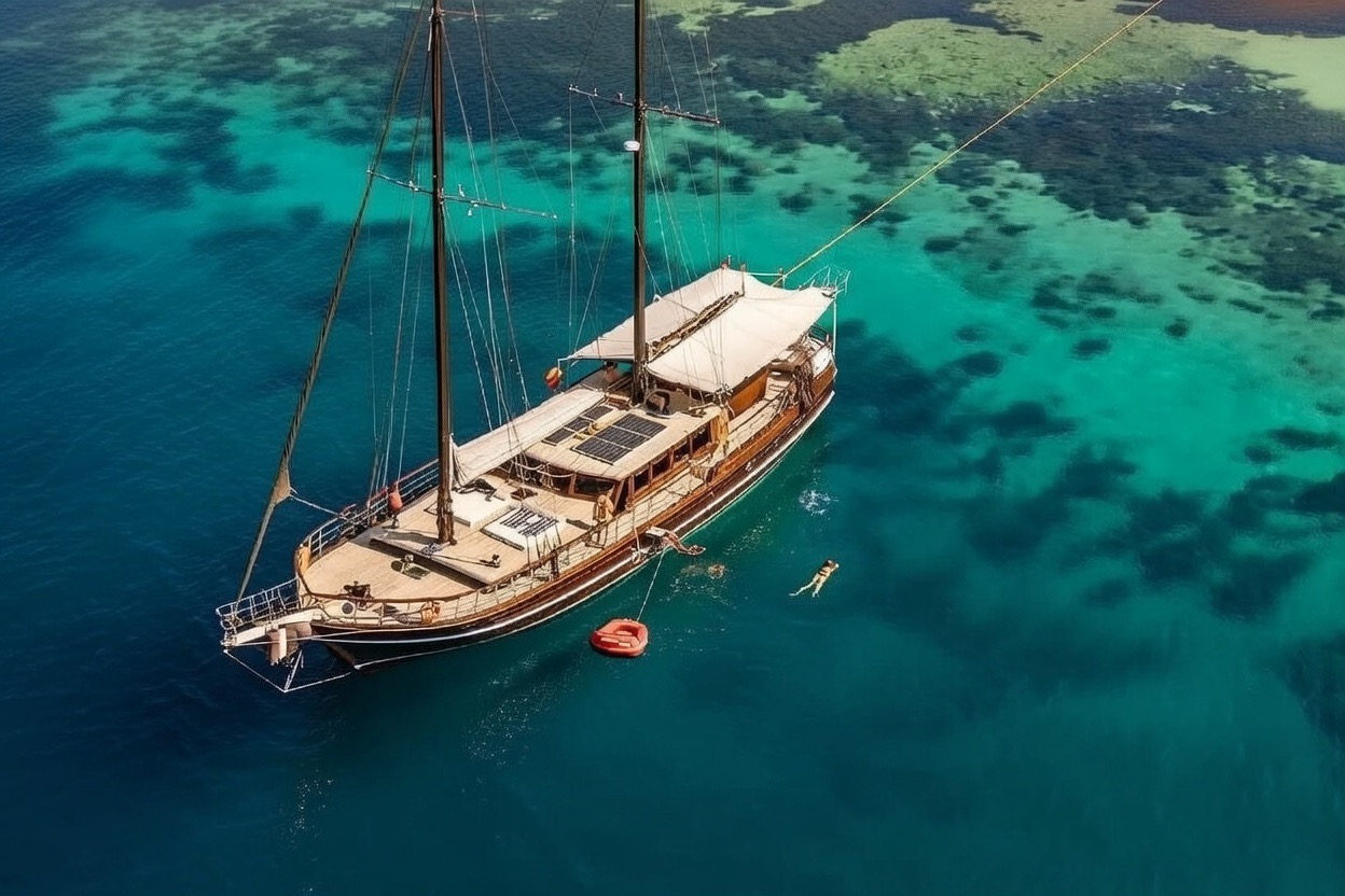 Classic sailing yacht in turquoise waters